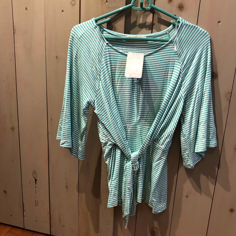 Aqua Striped Tie Front Blouse